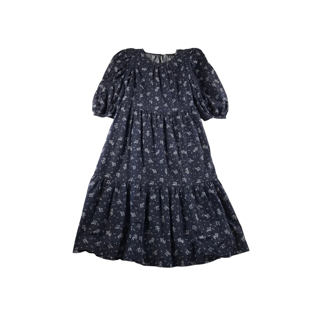 Summersalt Navy Blue Floral 100% Cotton Tiered Midi Dress Puff Sleeve Small